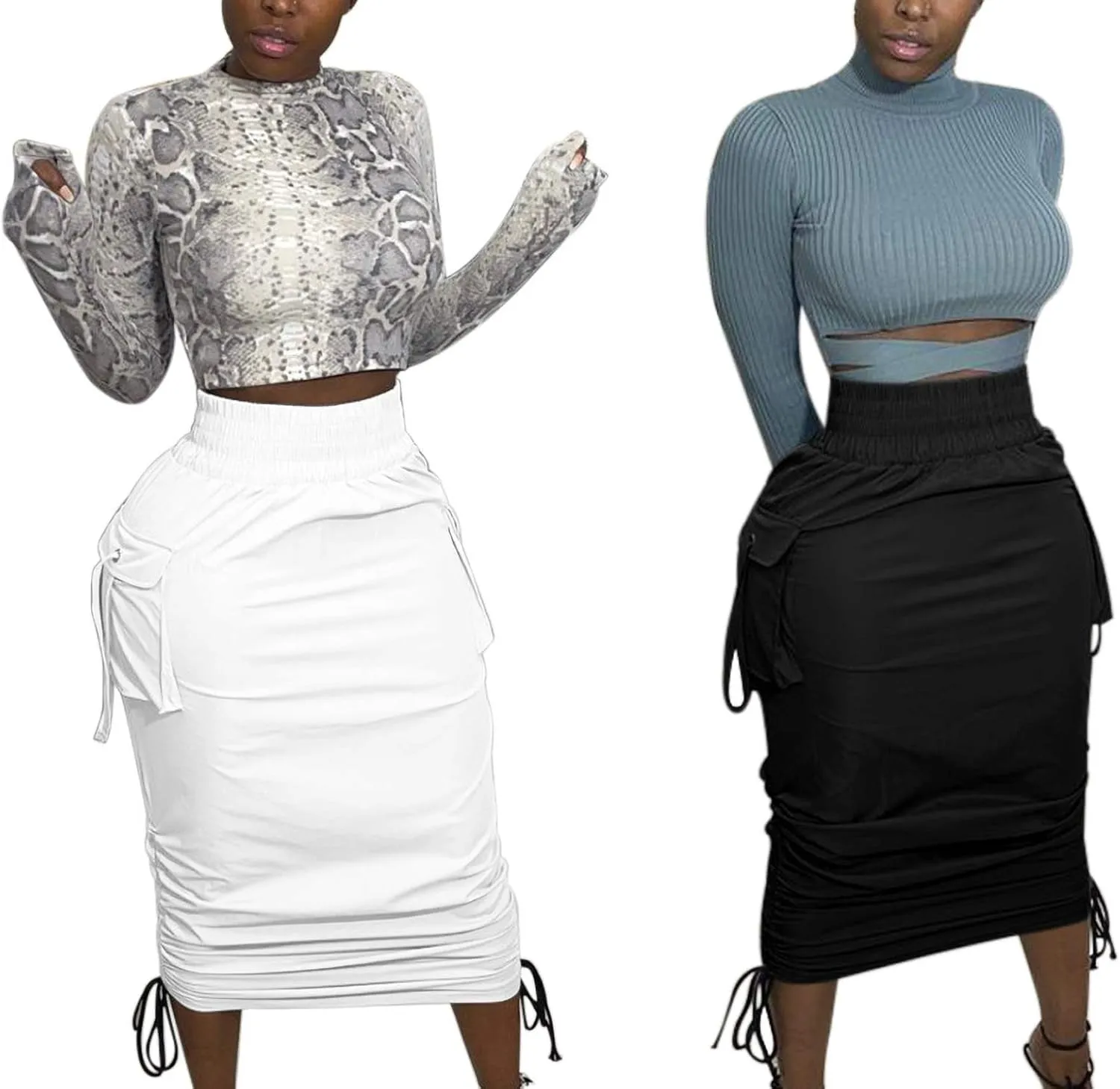LKOUS Leather Skirts for Women PU Pearl Ruffle Asymmetrical Hem Knee Length Black Skirt Plus Size