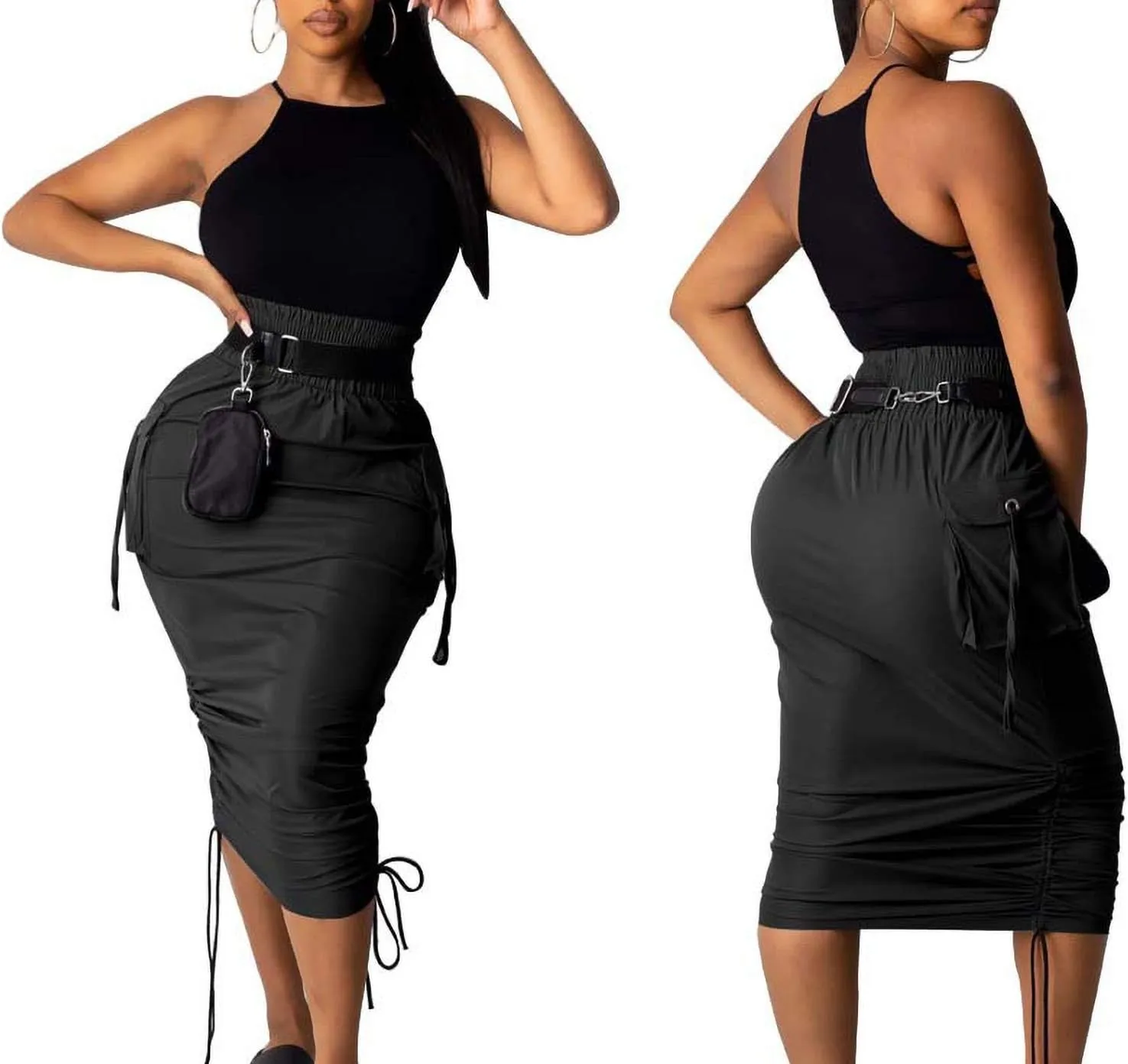 LKOUS Leather Skirts for Women PU Pearl Ruffle Asymmetrical Hem Knee Length Black Skirt Plus Size