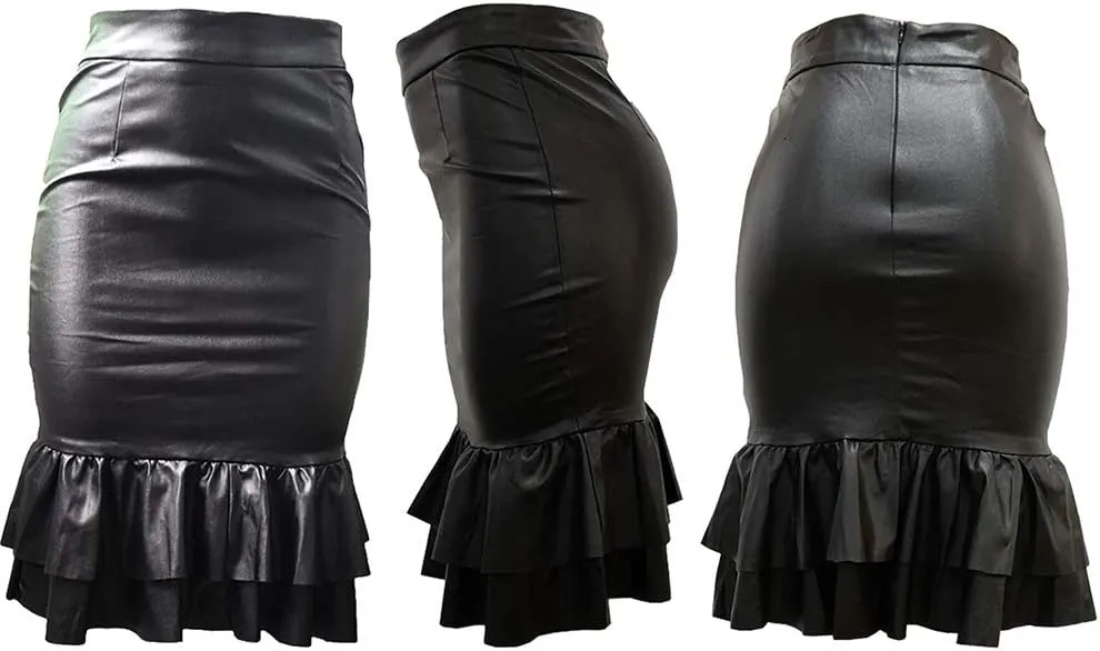 LKOUS Leather Skirts for Women PU Pearl Ruffle Asymmetrical Hem Knee Length Black Skirt Plus Size