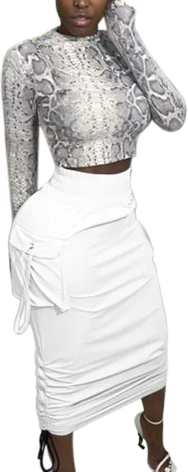 LKOUS Leather Skirts for Women PU Pearl Ruffle Asymmetrical Hem Knee Length Black Skirt Plus Size