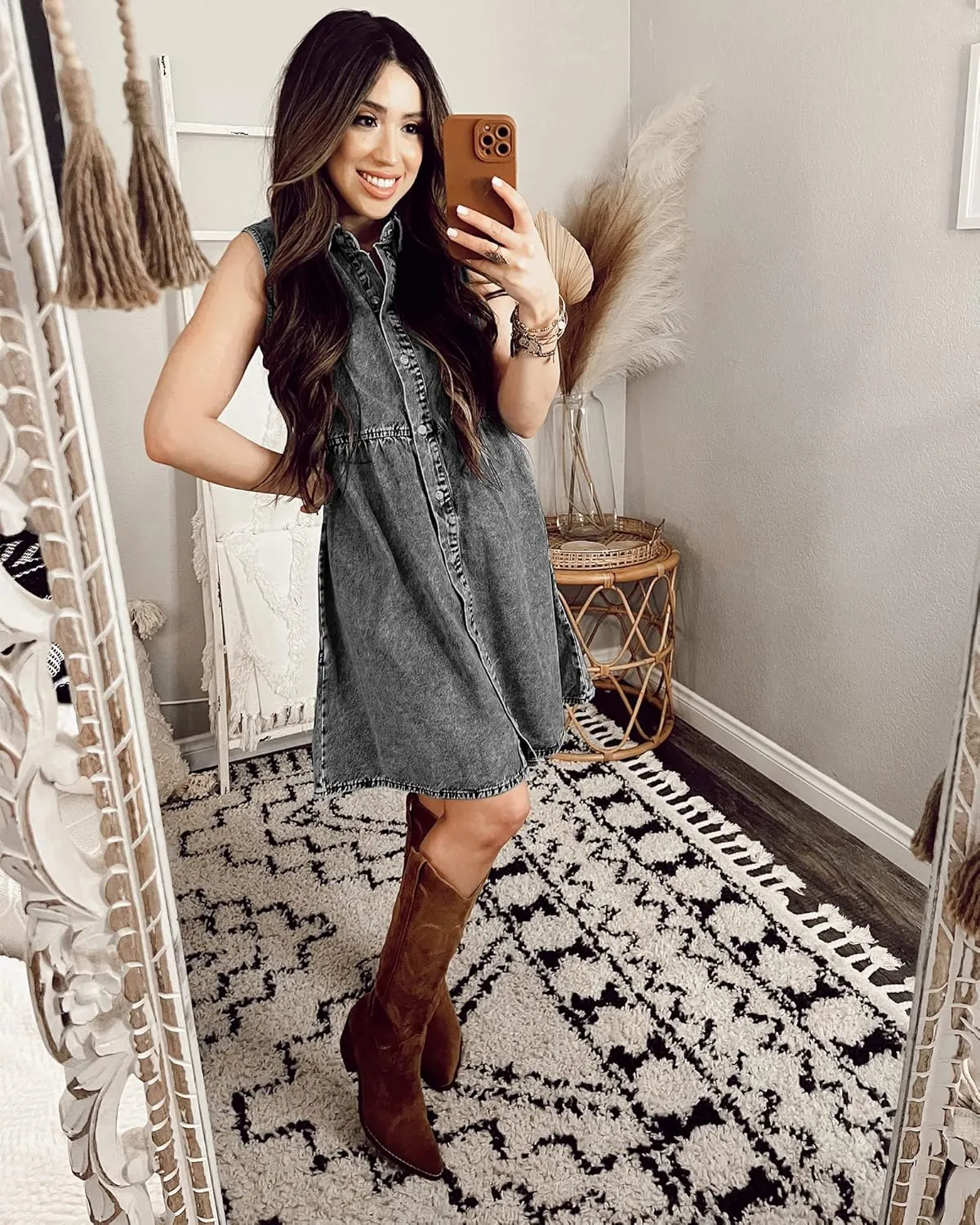 LookbookStore Denim Dress for Women Sleeveless Babydoll Button Down Short Jean Dresses Cute Summer