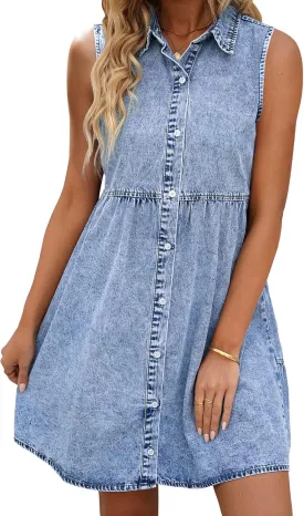 LookbookStore Denim Dress for Women Sleeveless Babydoll Button Down Short Jean Dresses Cute Summer