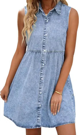 LookbookStore Denim Dress for Women Sleeveless Babydoll Button Down Short Jean Dresses Cute Summer