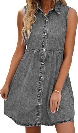 LookbookStore Denim Dress for Women Sleeveless Babydoll Button Down Short Jean Dresses Cute Summer