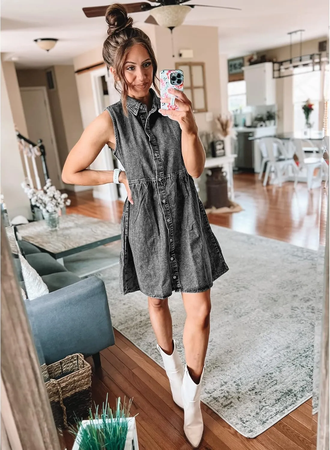 LookbookStore Denim Dress for Women Sleeveless Babydoll Button Down Short Jean Dresses Cute Summer