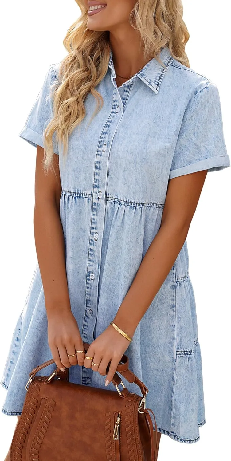 LookbookStore Women's Short Sleeve Button Down Flowy Tiered Babydoll Denim Dress