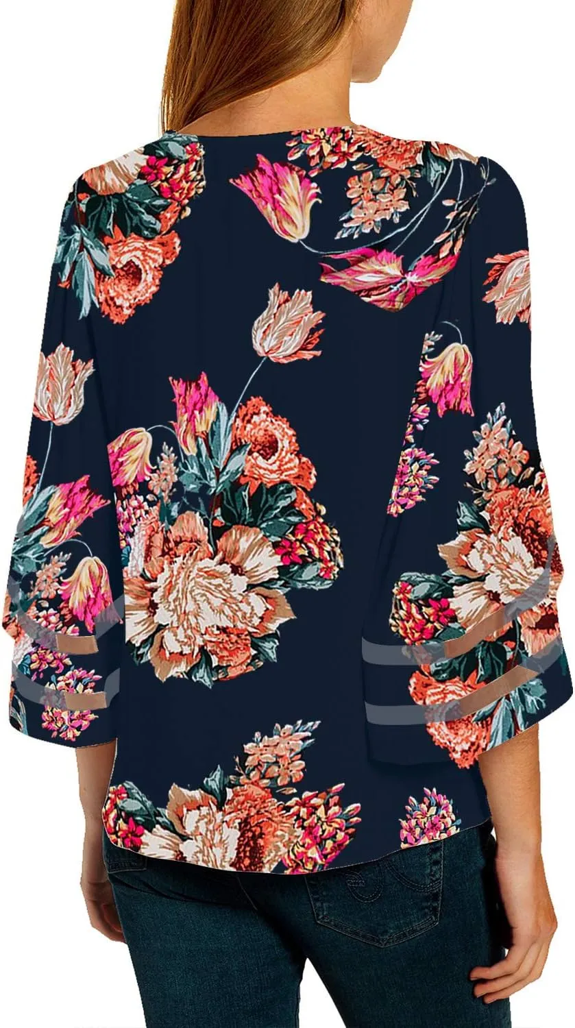 LookbookStore Women's V Neck Mesh Panel Blouse 3/4 Bell Sleeve Loose Top Shirt