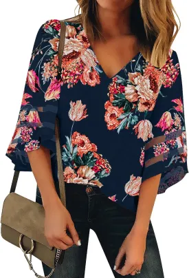 LookbookStore Women's V Neck Mesh Panel Blouse 3/4 Bell Sleeve Loose Top Shirt