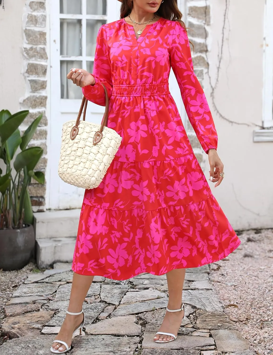 Maggeer Womens 2025 Spring Smocked Waist Midi Dress with Pockets Floral Flowy Wedding Guest A Line Long Sleeve Dress