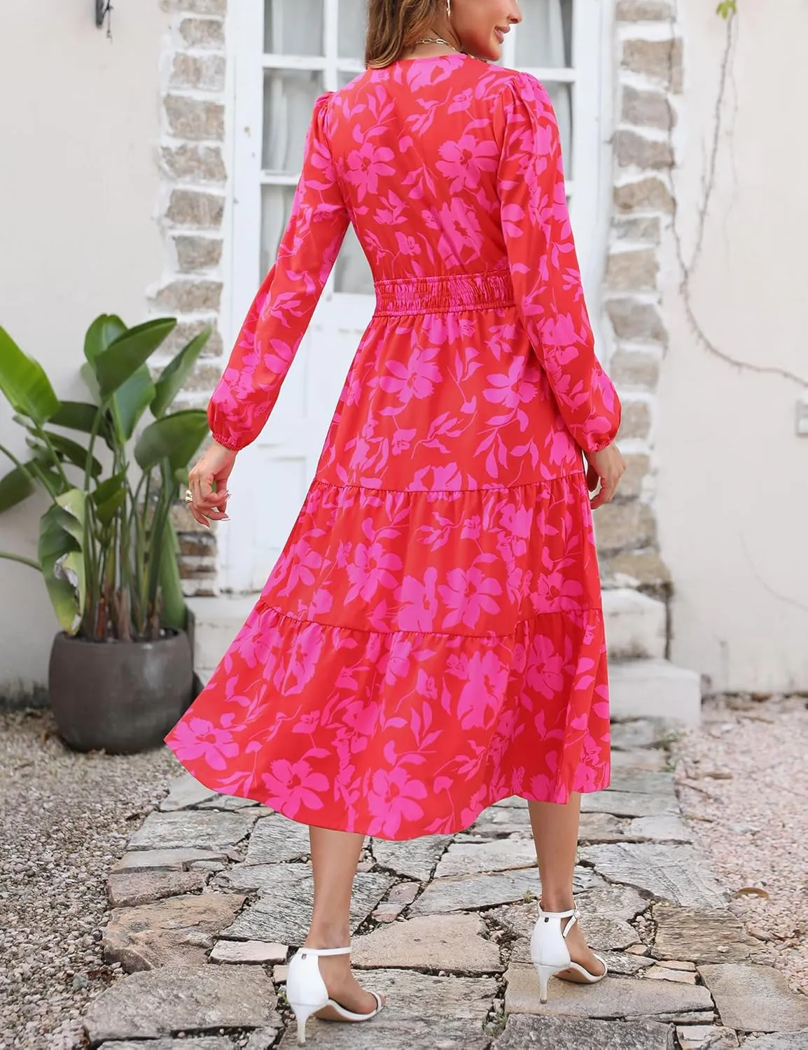 Maggeer Womens 2025 Spring Smocked Waist Midi Dress with Pockets Floral Flowy Wedding Guest A Line Long Sleeve Dress