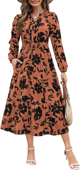 Maggeer Womens 2025 Spring Smocked Waist Midi Dress with Pockets Floral Flowy Wedding Guest A Line Long Sleeve Dress