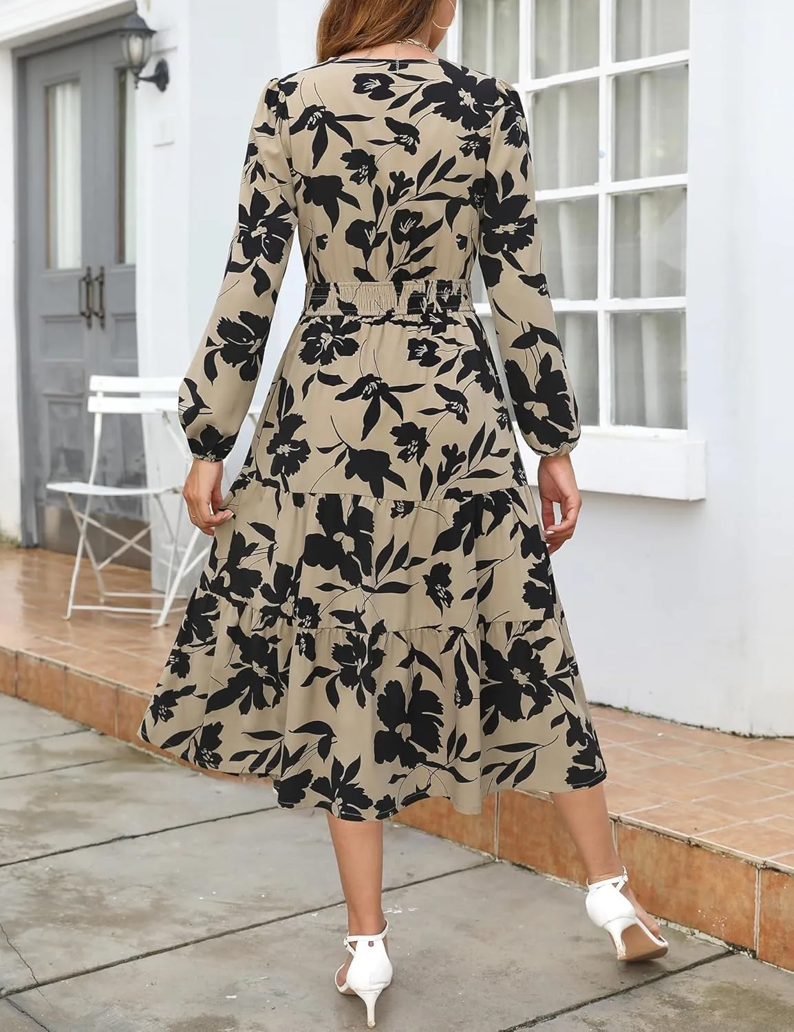 Maggeer Womens 2025 Spring Smocked Waist Midi Dress with Pockets Floral Flowy Wedding Guest A Line Long Sleeve Dress