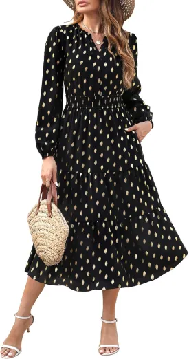 Maggeer Womens 2025 Spring Smocked Waist Midi Dress with Pockets Floral Flowy Wedding Guest A Line Long Sleeve Dress