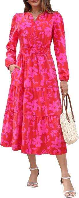 Maggeer Womens 2025 Spring Smocked Waist Midi Dress with Pockets Floral Flowy Wedding Guest A Line Long Sleeve Dress