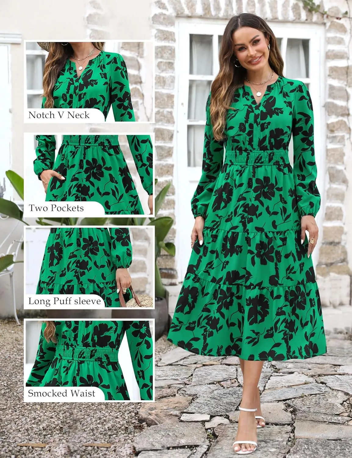 Maggeer Womens 2025 Spring Smocked Waist Midi Dress with Pockets Floral Flowy Wedding Guest A Line Long Sleeve Dress