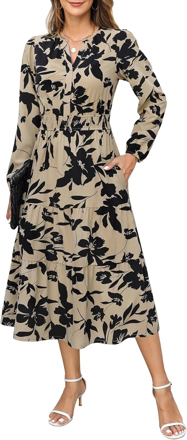 Maggeer Womens 2025 Spring Smocked Waist Midi Dress with Pockets Floral Flowy Wedding Guest A Line Long Sleeve Dress