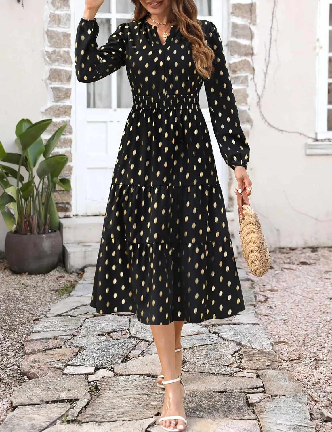 Maggeer Womens 2025 Spring Smocked Waist Midi Dress with Pockets Floral Flowy Wedding Guest A Line Long Sleeve Dress
