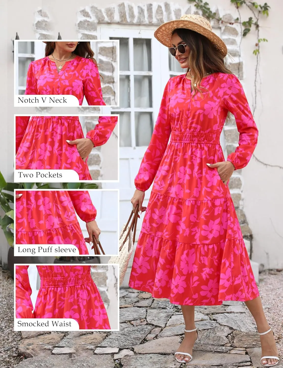 Maggeer Womens 2025 Spring Smocked Waist Midi Dress with Pockets Floral Flowy Wedding Guest A Line Long Sleeve Dress