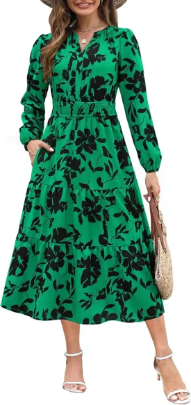 Maggeer Womens 2025 Spring Smocked Waist Midi Dress with Pockets Floral Flowy Wedding Guest A Line Long Sleeve Dress
