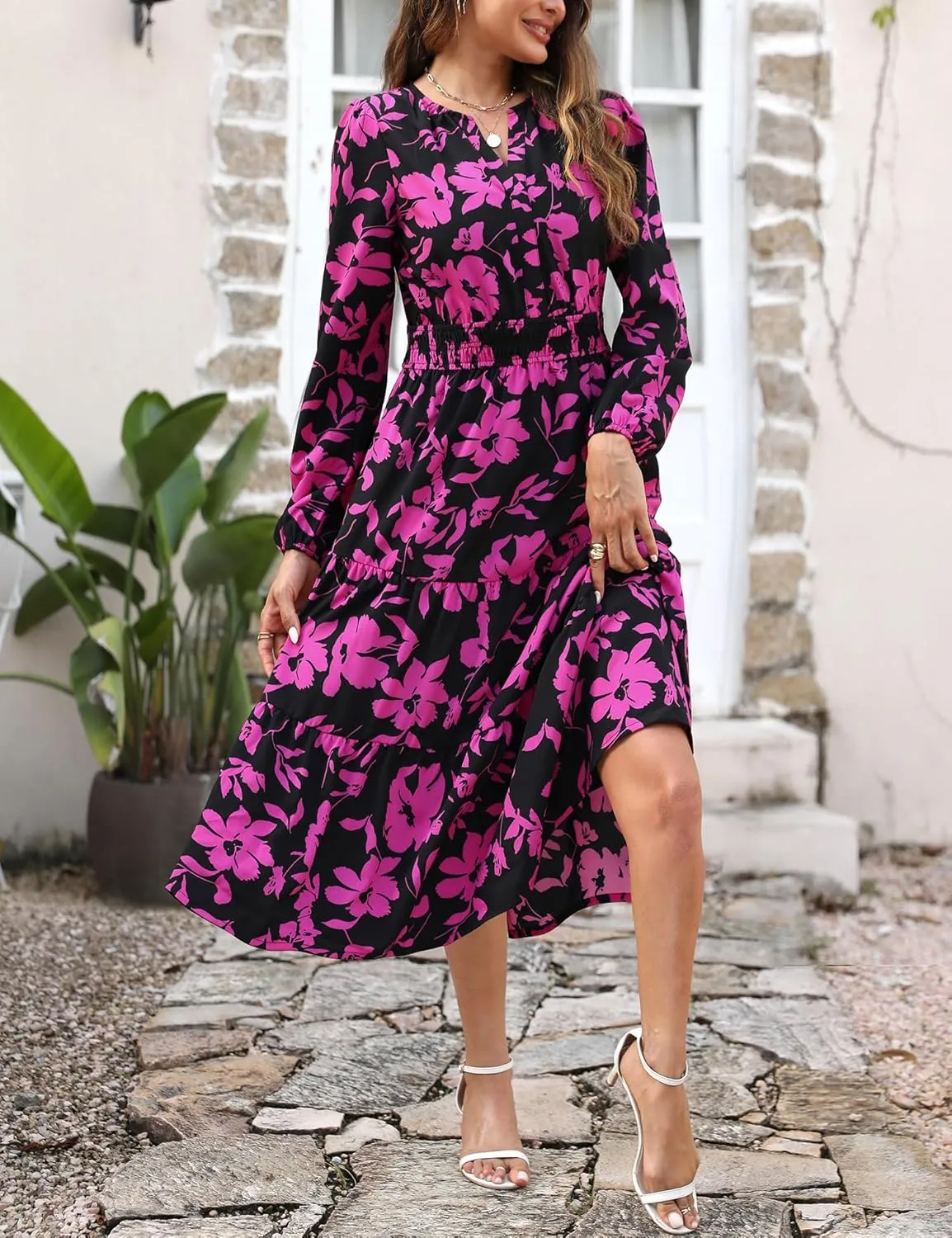 Maggeer Womens 2025 Spring Smocked Waist Midi Dress with Pockets Floral Flowy Wedding Guest A Line Long Sleeve Dress