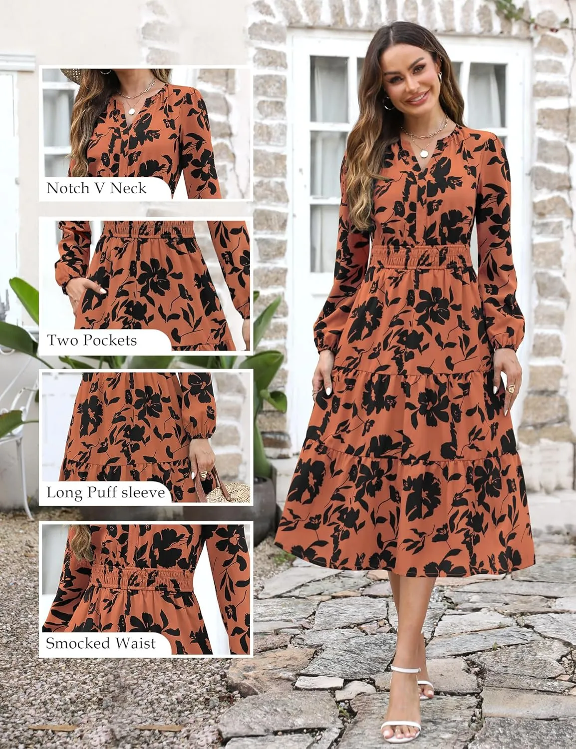 Maggeer Womens 2025 Spring Smocked Waist Midi Dress with Pockets Floral Flowy Wedding Guest A Line Long Sleeve Dress