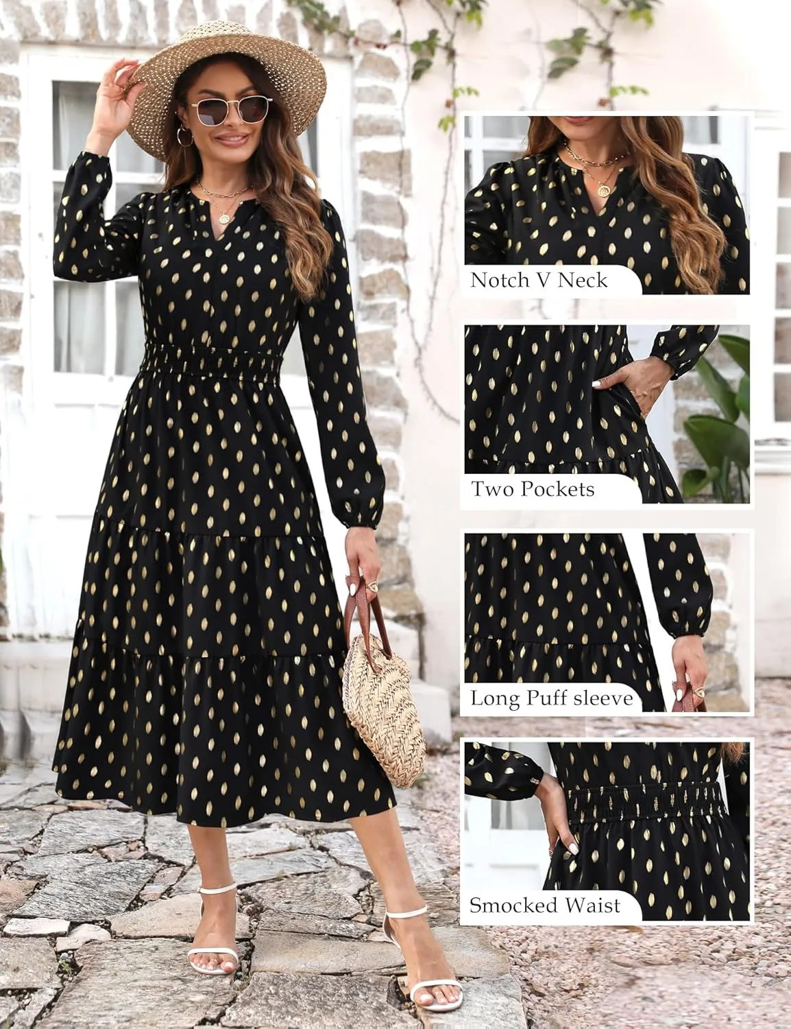 Maggeer Womens 2025 Spring Smocked Waist Midi Dress with Pockets Floral Flowy Wedding Guest A Line Long Sleeve Dress