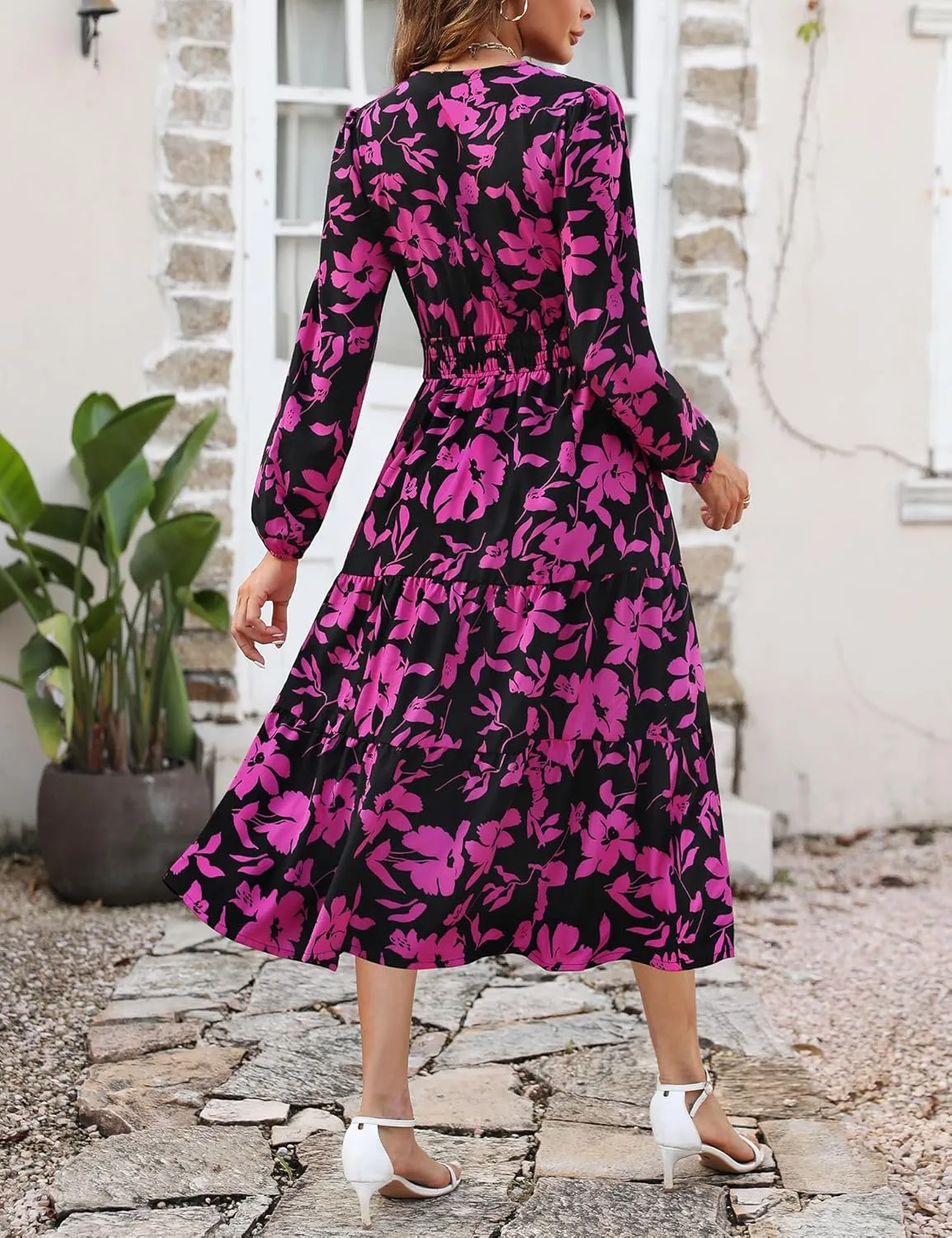 Maggeer Womens 2025 Spring Smocked Waist Midi Dress with Pockets Floral Flowy Wedding Guest A Line Long Sleeve Dress