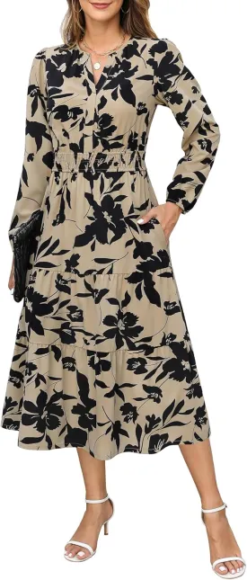 Maggeer Womens 2025 Spring Smocked Waist Midi Dress with Pockets Floral Flowy Wedding Guest A Line Long Sleeve Dress