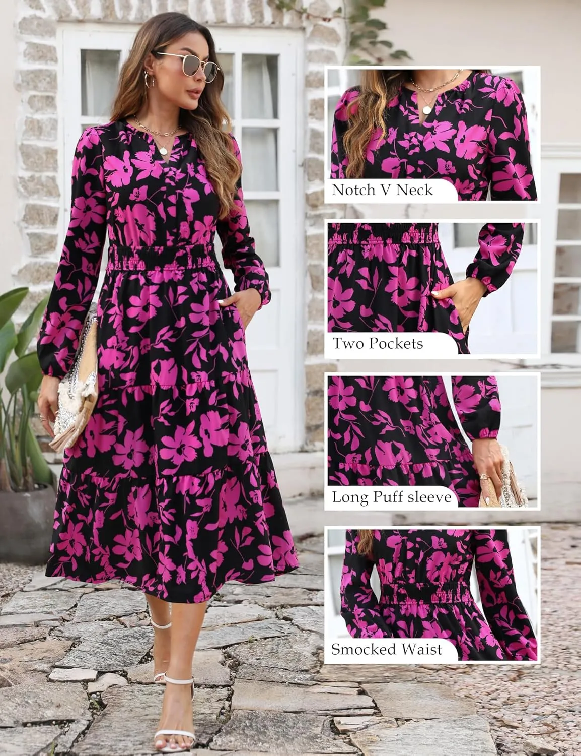 Maggeer Womens 2025 Spring Smocked Waist Midi Dress with Pockets Floral Flowy Wedding Guest A Line Long Sleeve Dress