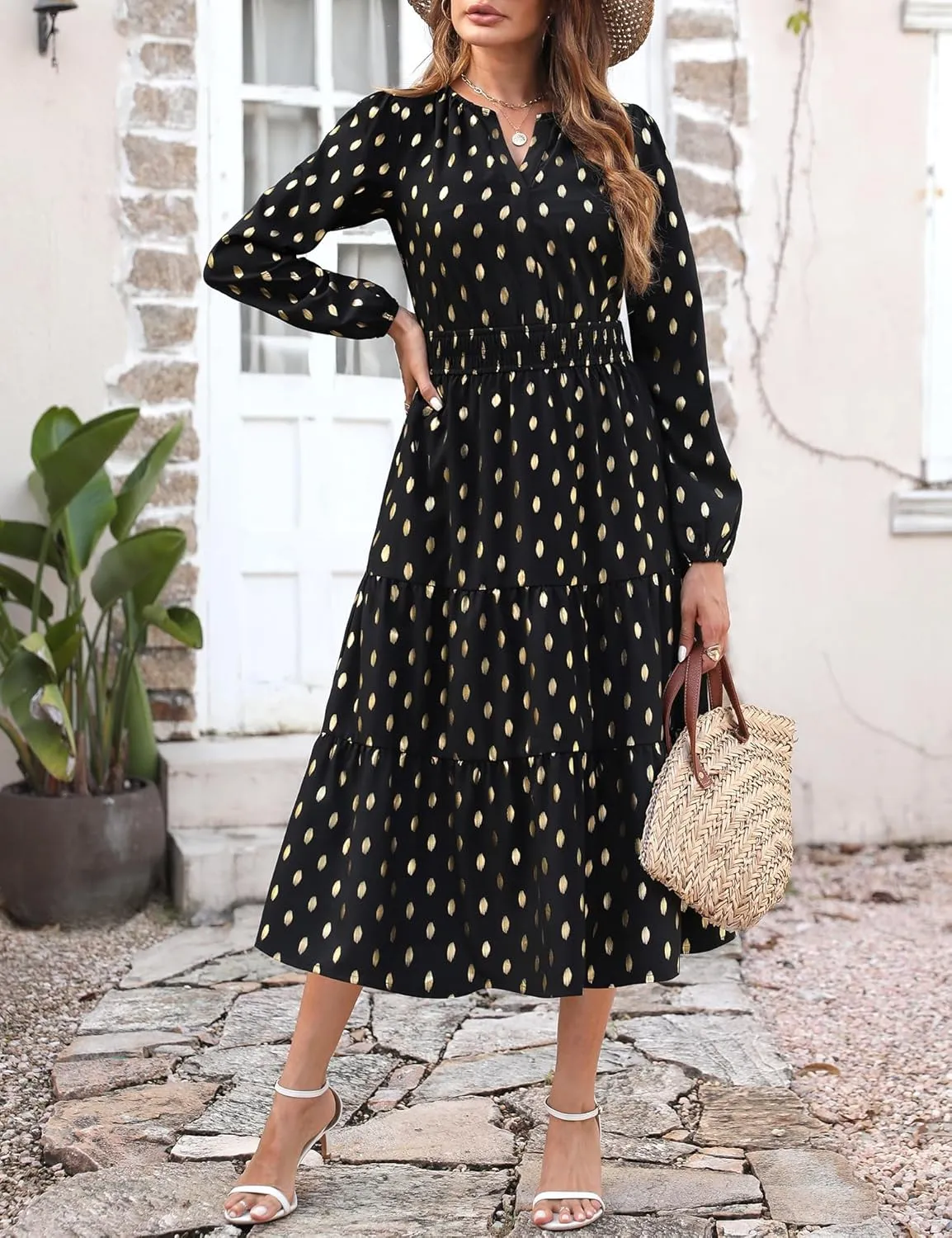 Maggeer Womens 2025 Spring Smocked Waist Midi Dress with Pockets Floral Flowy Wedding Guest A Line Long Sleeve Dress