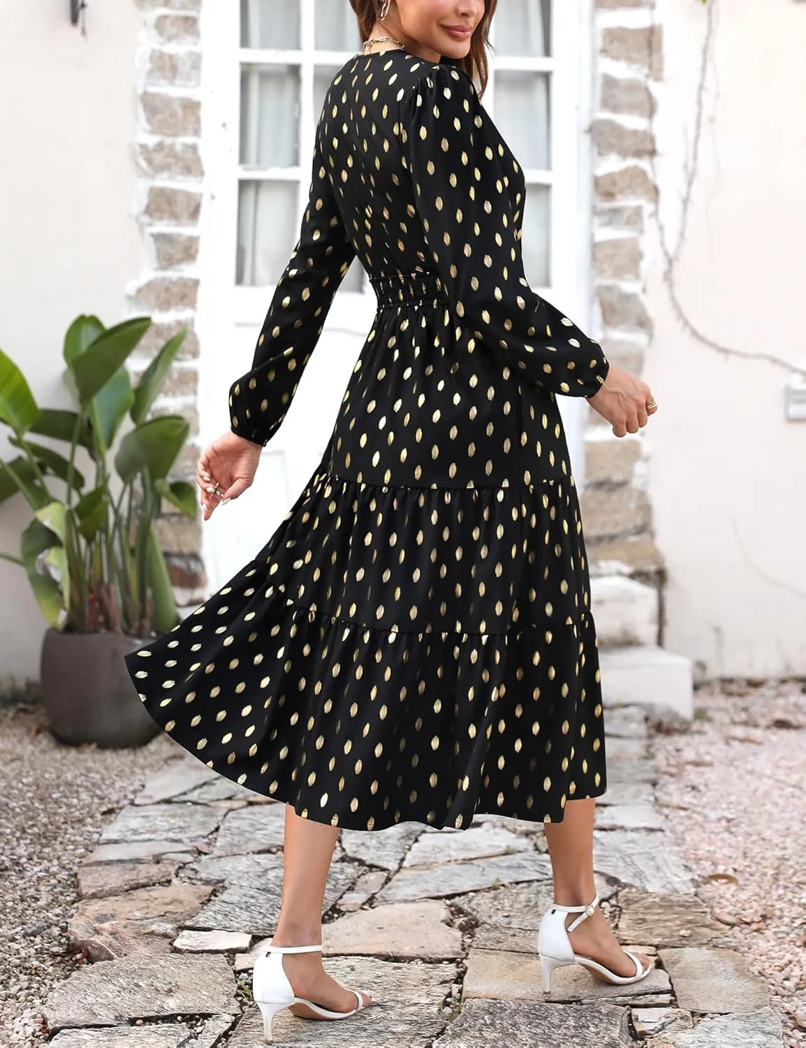 Maggeer Womens 2025 Spring Smocked Waist Midi Dress with Pockets Floral Flowy Wedding Guest A Line Long Sleeve Dress
