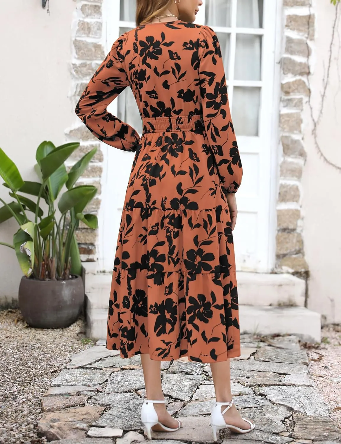 Maggeer Womens 2025 Spring Smocked Waist Midi Dress with Pockets Floral Flowy Wedding Guest A Line Long Sleeve Dress