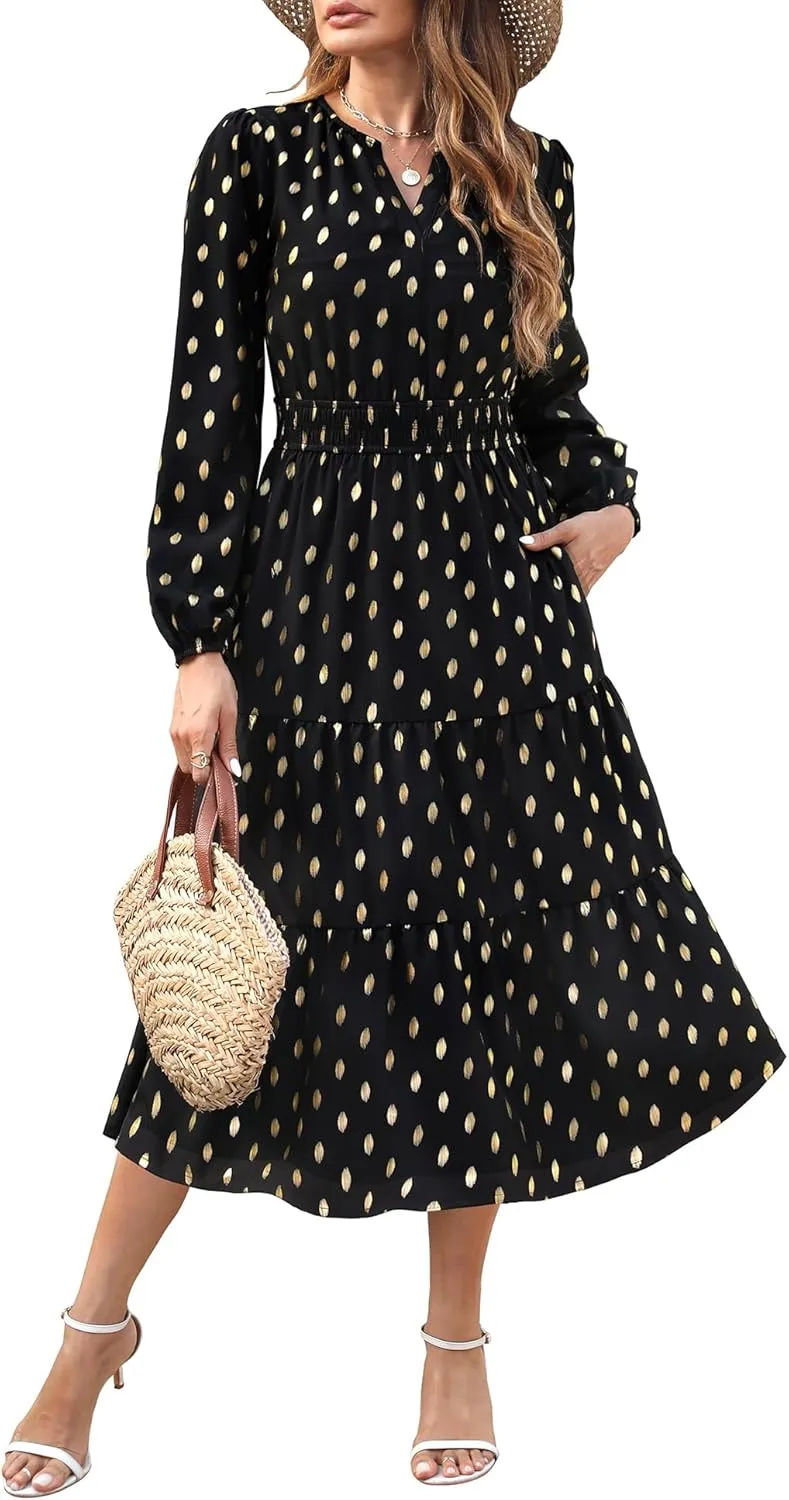 Maggeer Womens 2025 Spring Smocked Waist Midi Dress with Pockets Floral Flowy Wedding Guest A Line Long Sleeve Dress