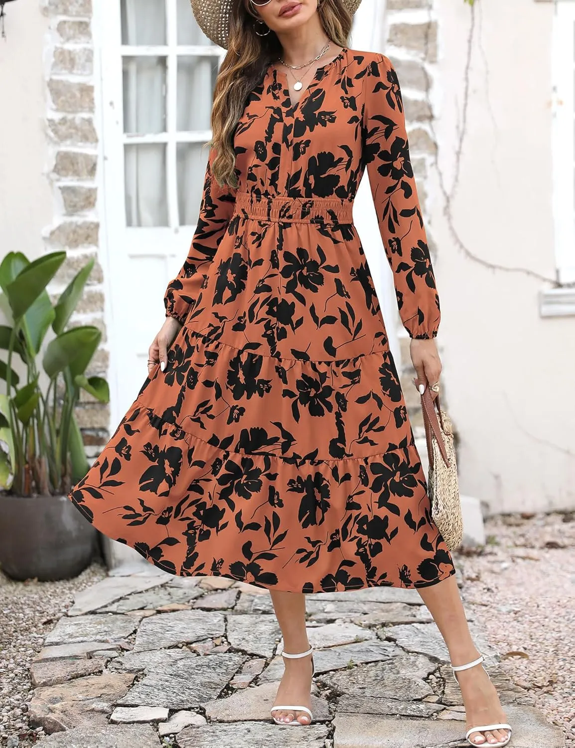 Maggeer Womens 2025 Spring Smocked Waist Midi Dress with Pockets Floral Flowy Wedding Guest A Line Long Sleeve Dress