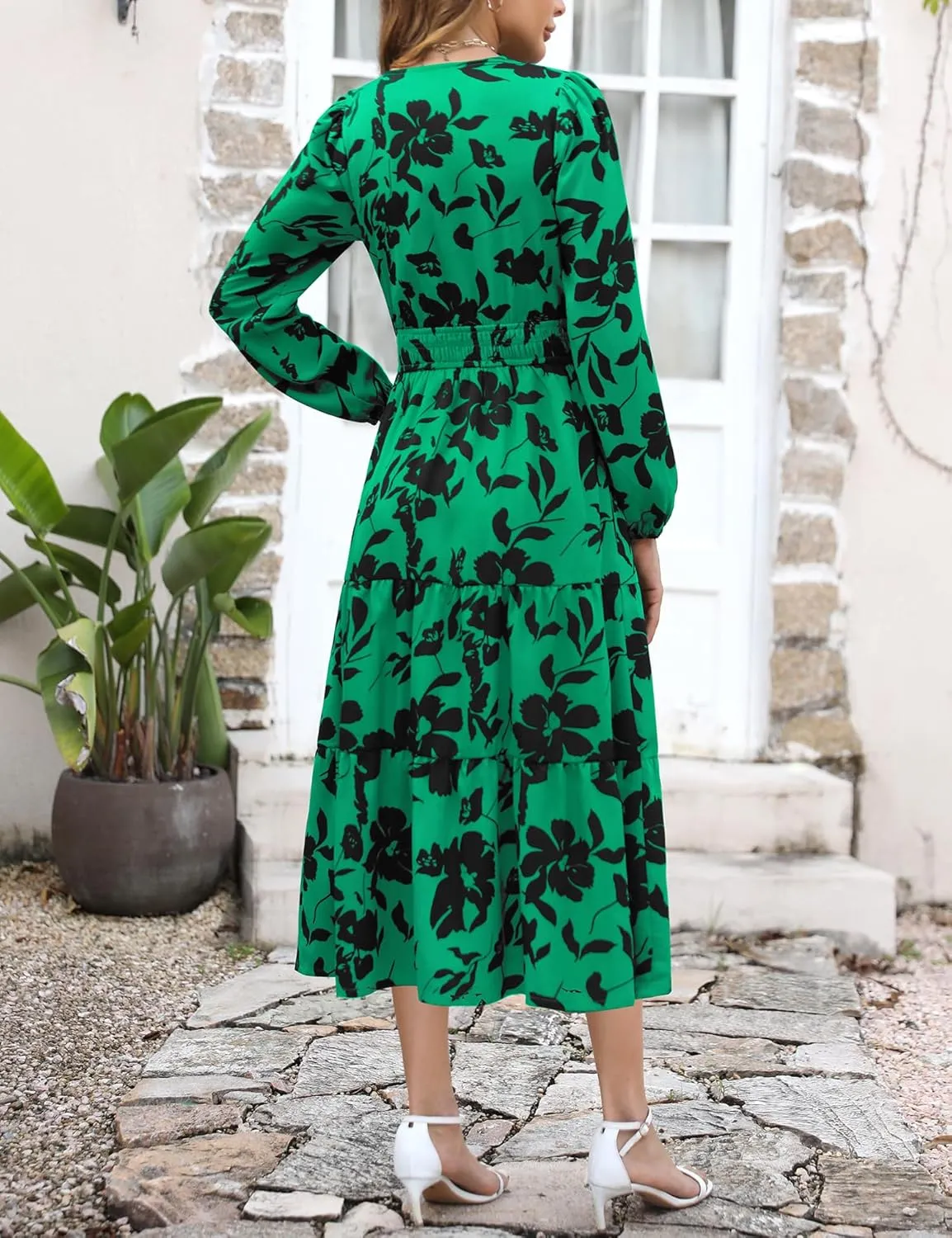 Maggeer Womens 2025 Spring Smocked Waist Midi Dress with Pockets Floral Flowy Wedding Guest A Line Long Sleeve Dress