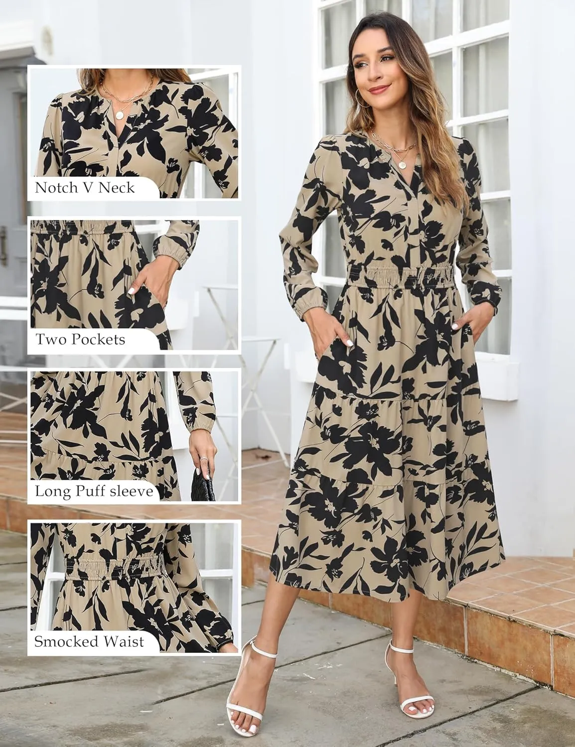 Maggeer Womens 2025 Spring Smocked Waist Midi Dress with Pockets Floral Flowy Wedding Guest A Line Long Sleeve Dress