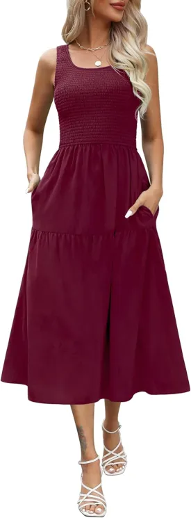 Maggeer Women's 2025 Summer Spring Sleeveless Smocked Tiered Scoop Neck Midi Tank Top Dress with Pockets