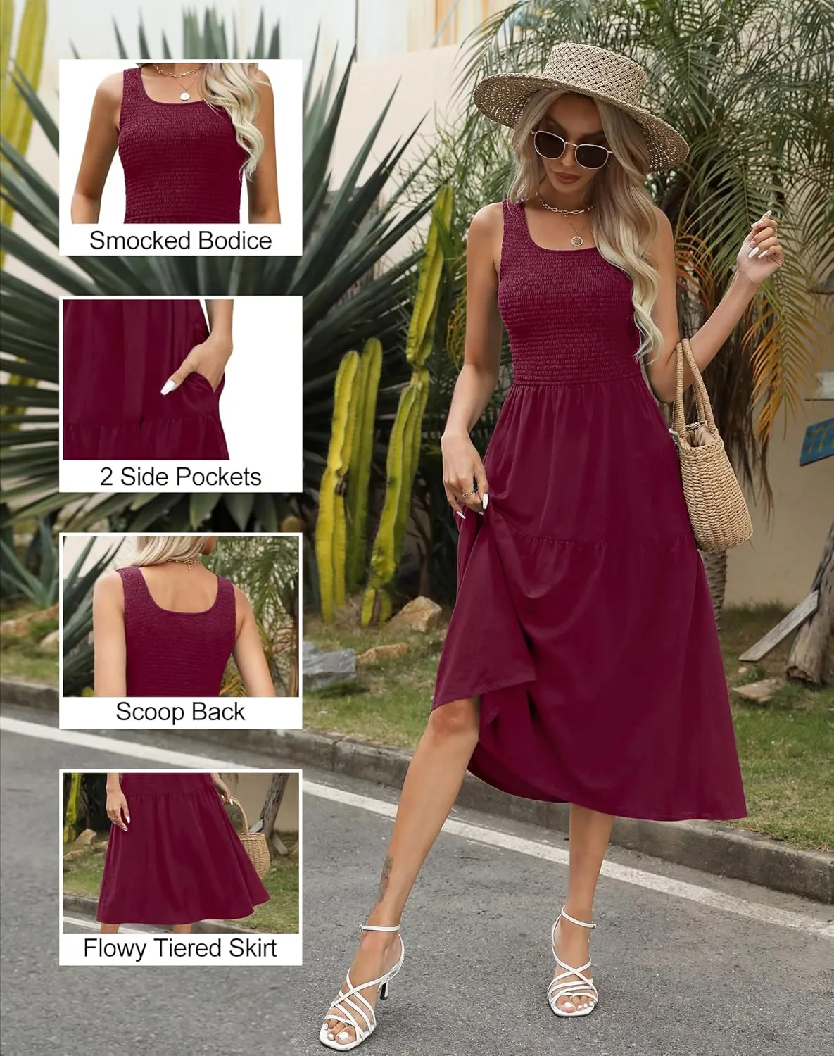 Maggeer Women's 2025 Summer Spring Sleeveless Smocked Tiered Scoop Neck Midi Tank Top Dress with Pockets
