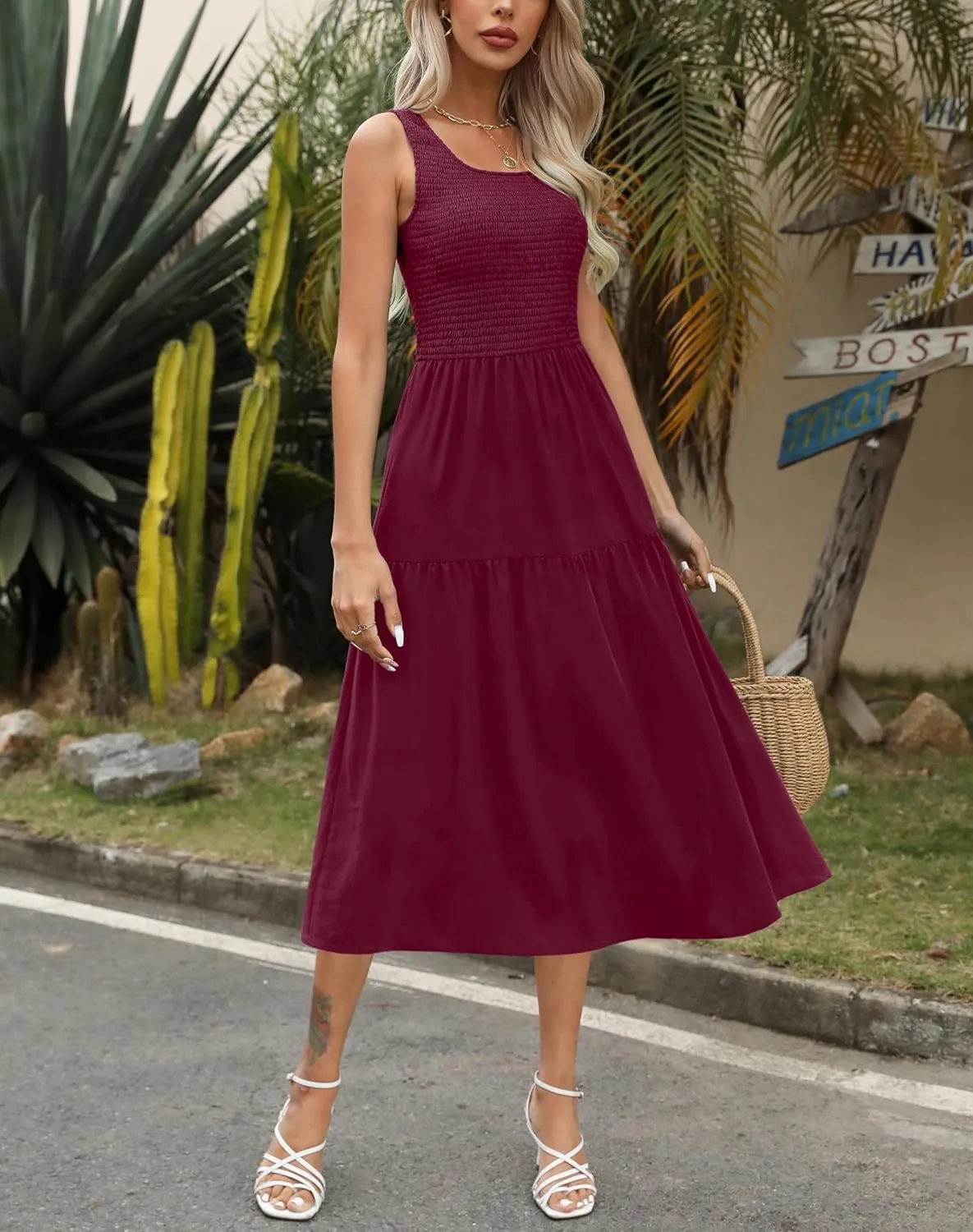 Maggeer Women's 2025 Summer Spring Sleeveless Smocked Tiered Scoop Neck Midi Tank Top Dress with Pockets