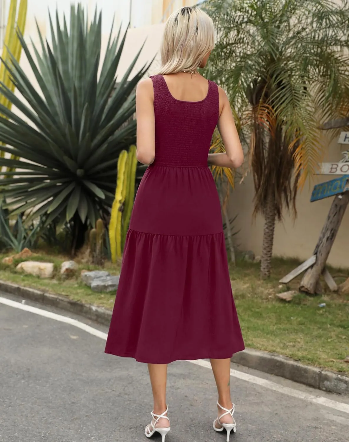 Maggeer Women's 2025 Summer Spring Sleeveless Smocked Tiered Scoop Neck Midi Tank Top Dress with Pockets
