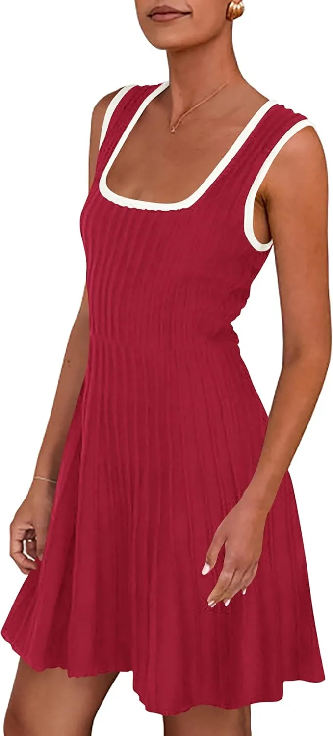 MASCOMODA Women 2025 Casual Summer Mini Dresses Sleeveless Sweater Dress Square Neck A Line Swing Knit Tank Short Dress