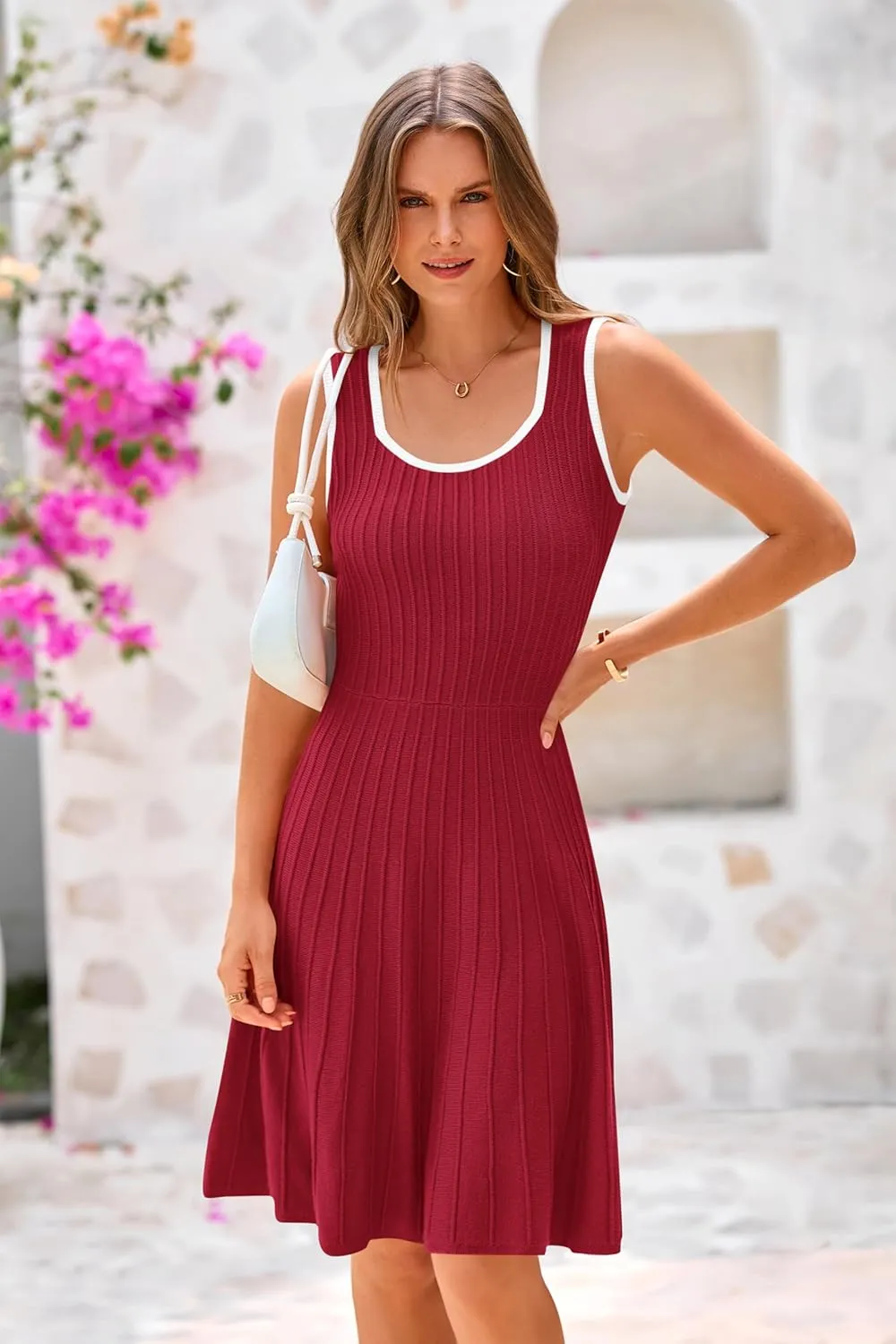 MASCOMODA Women 2025 Casual Summer Mini Dresses Sleeveless Sweater Dress Square Neck A Line Swing Knit Tank Short Dress