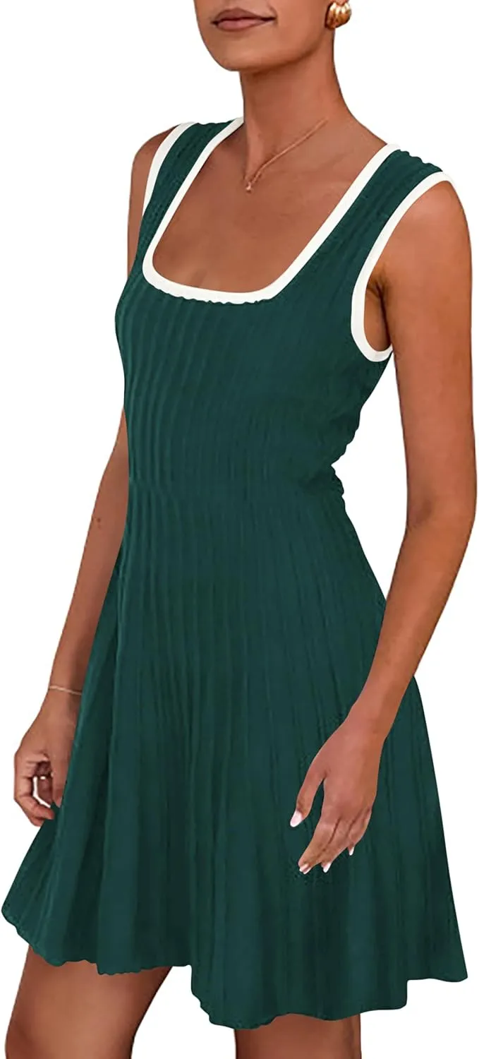 MASCOMODA Women 2025 Casual Summer Mini Dresses Sleeveless Sweater Dress Square Neck A Line Swing Knit Tank Short Dress