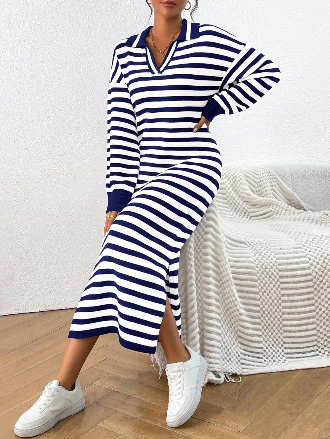 MASCOMODA Womens Fall Dresses 2024 Striped Sweater Dress Casual Long Sleeve V Neck Collared Loose Side Slit Knit Midi Dress