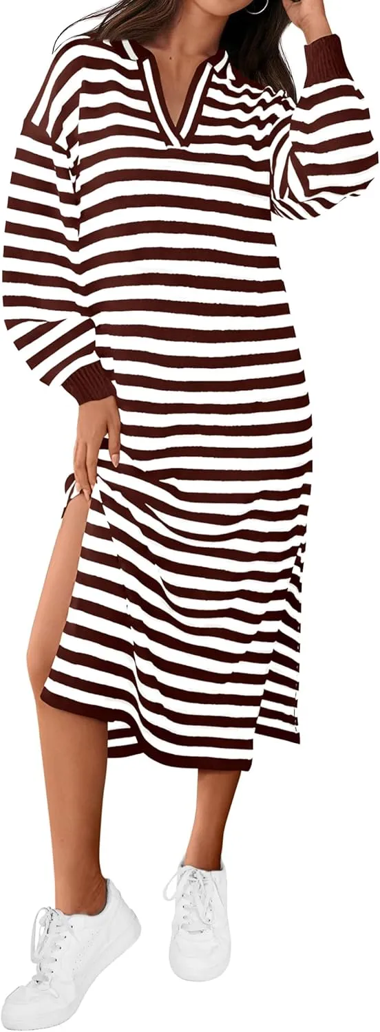 MASCOMODA Womens Fall Dresses 2024 Striped Sweater Dress Casual Long Sleeve V Neck Collared Loose Side Slit Knit Midi Dress