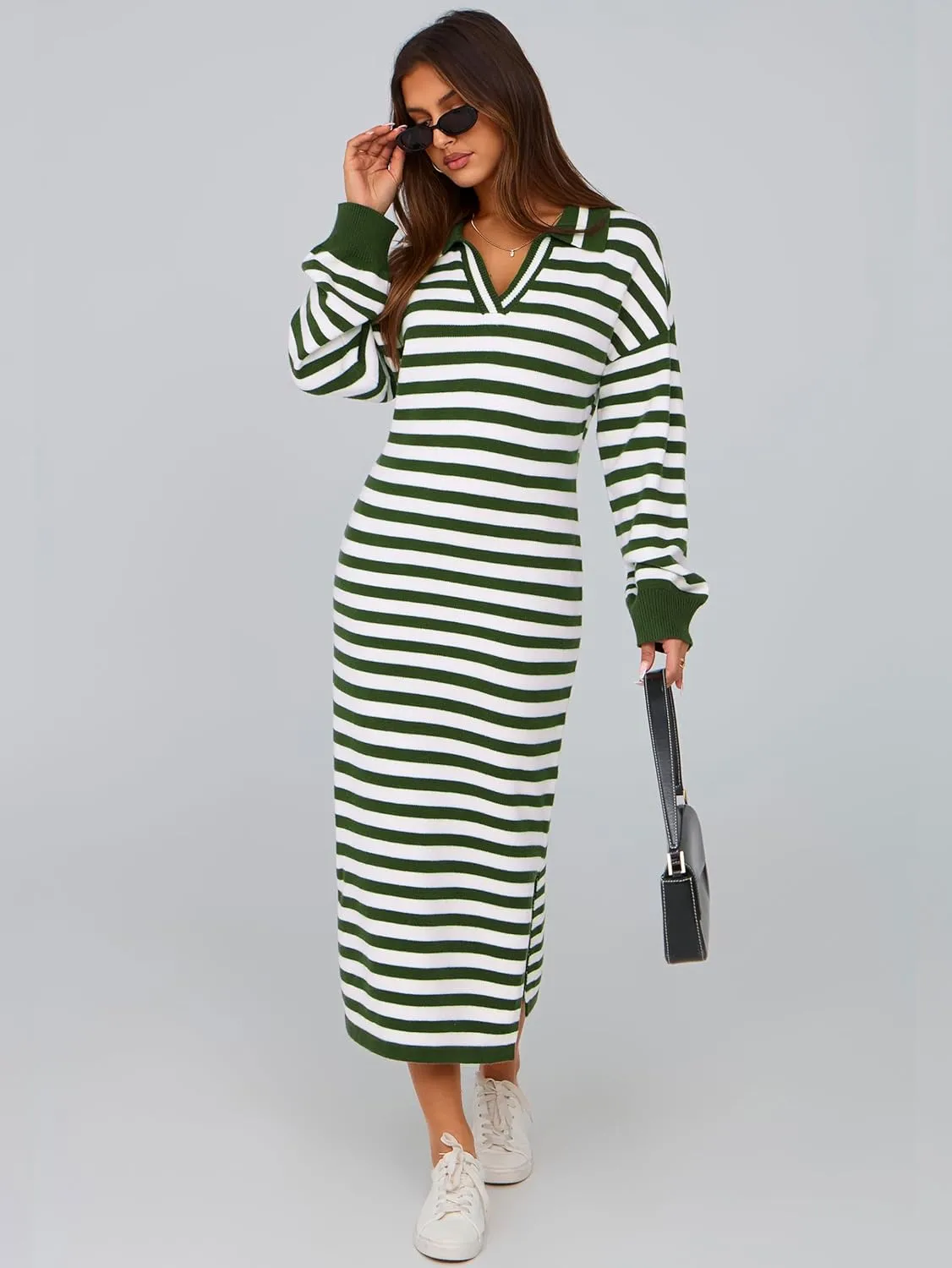 MASCOMODA Womens Fall Dresses 2024 Striped Sweater Dress Casual Long Sleeve V Neck Collared Loose Side Slit Knit Midi Dress