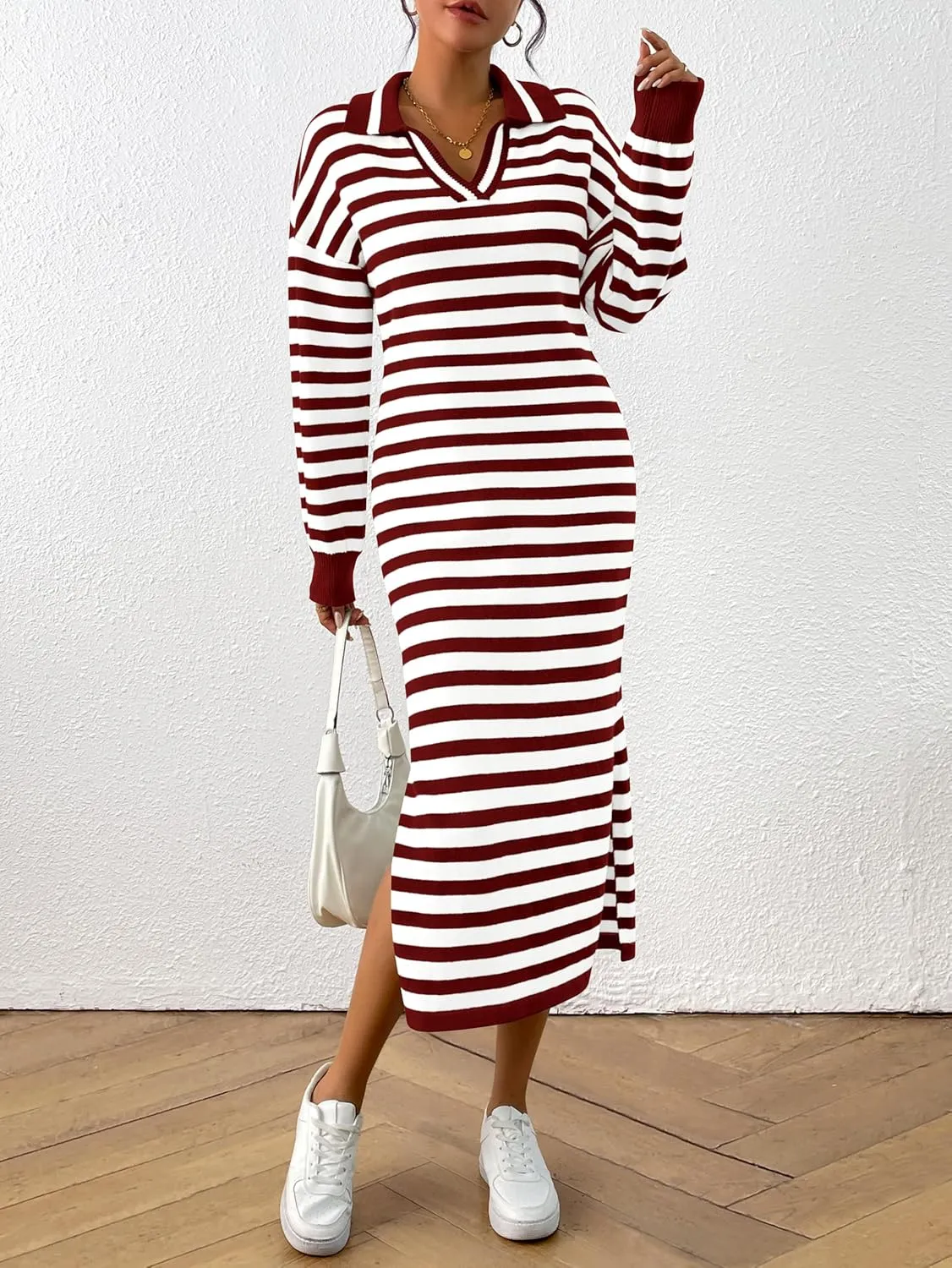 MASCOMODA Womens Fall Dresses 2024 Striped Sweater Dress Casual Long Sleeve V Neck Collared Loose Side Slit Knit Midi Dress