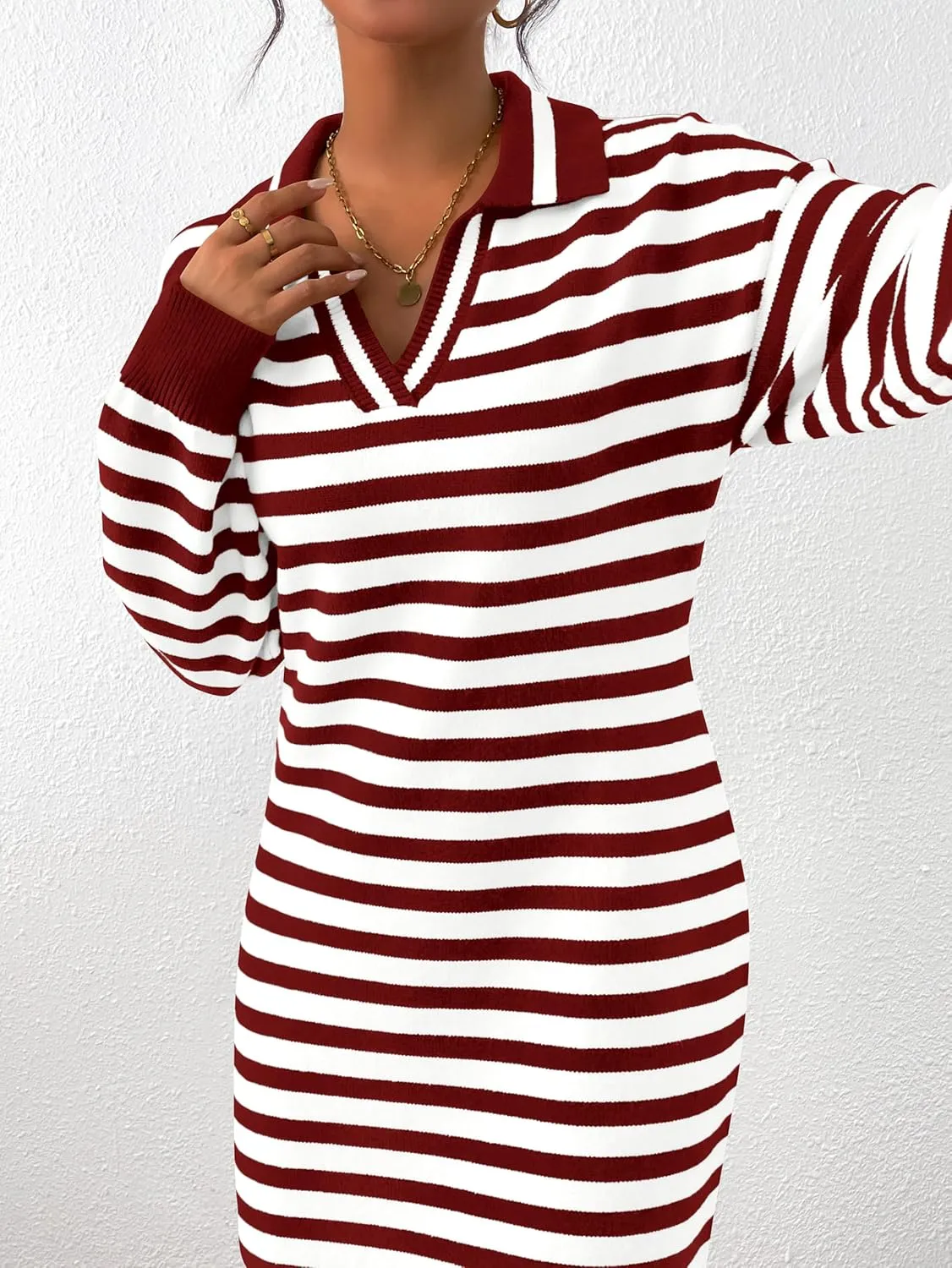 MASCOMODA Womens Fall Dresses 2024 Striped Sweater Dress Casual Long Sleeve V Neck Collared Loose Side Slit Knit Midi Dress