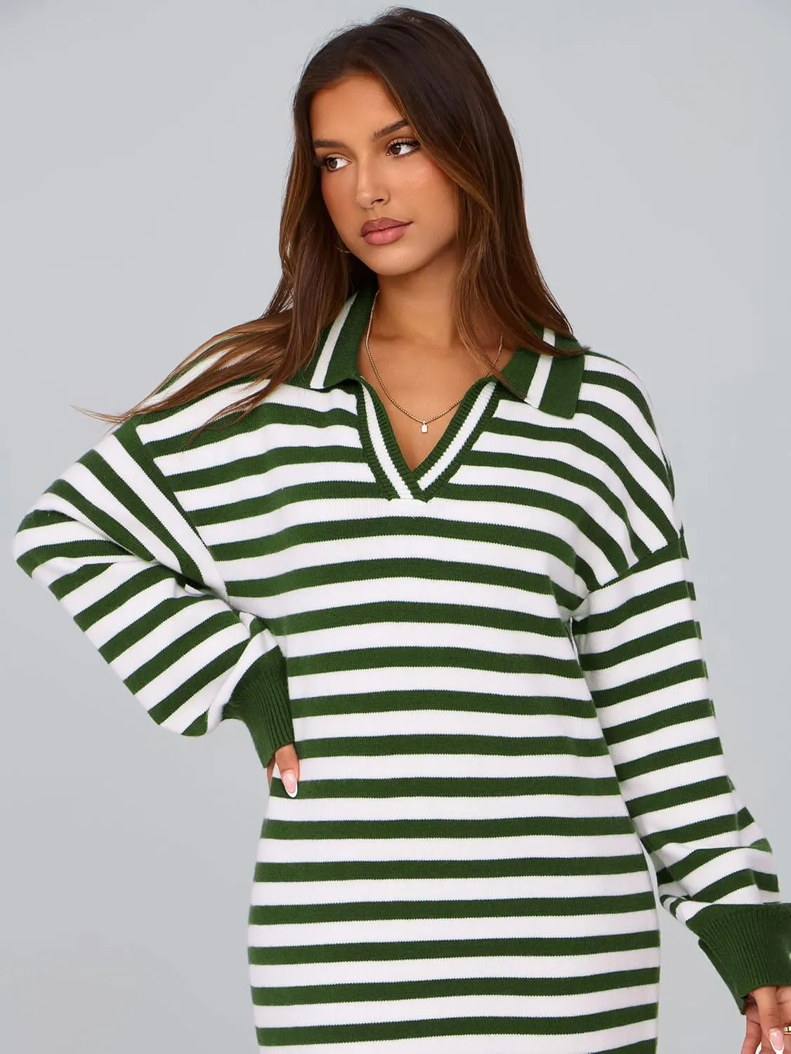 MASCOMODA Womens Fall Dresses 2024 Striped Sweater Dress Casual Long Sleeve V Neck Collared Loose Side Slit Knit Midi Dress