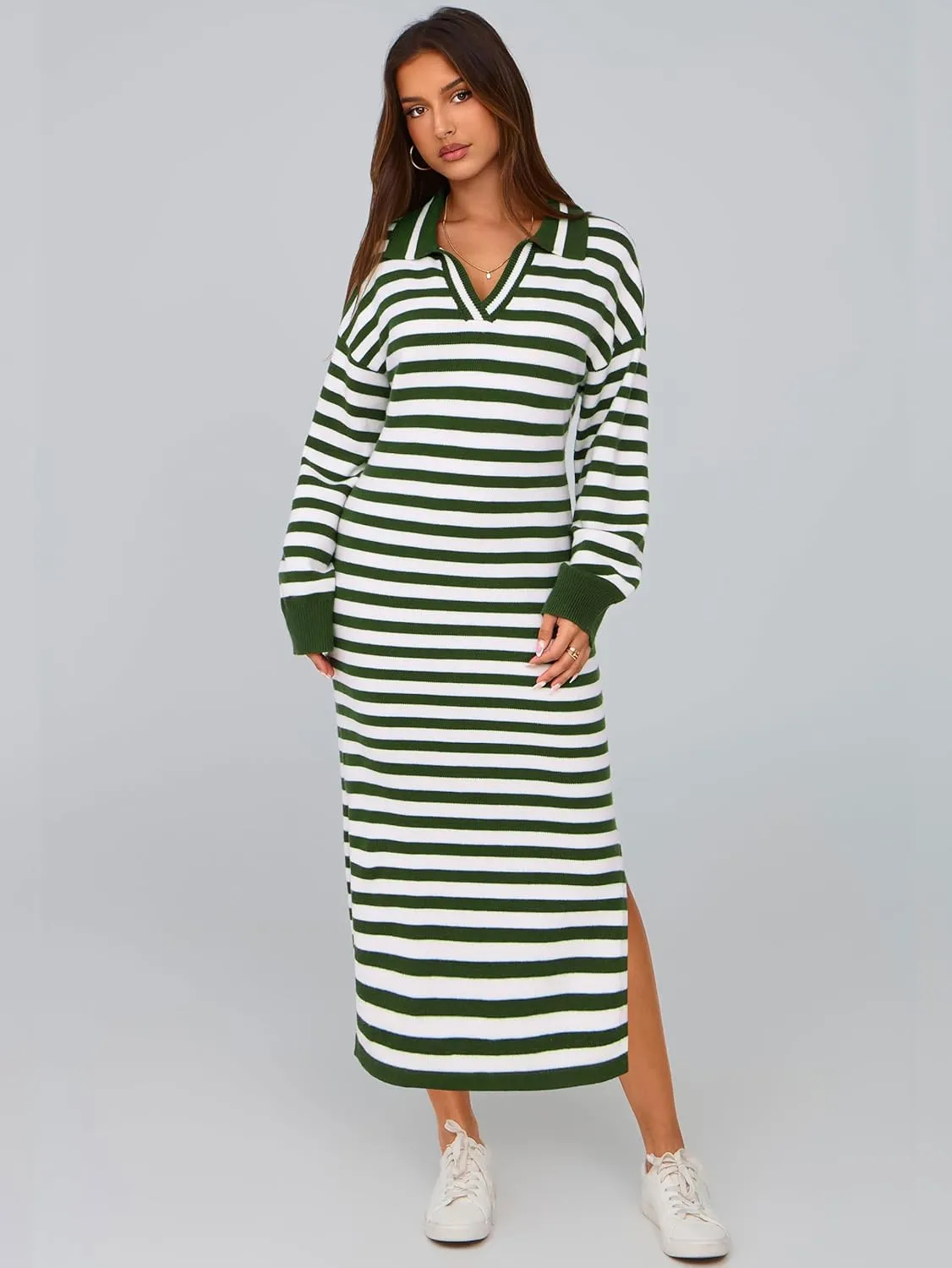 MASCOMODA Womens Fall Dresses 2024 Striped Sweater Dress Casual Long Sleeve V Neck Collared Loose Side Slit Knit Midi Dress